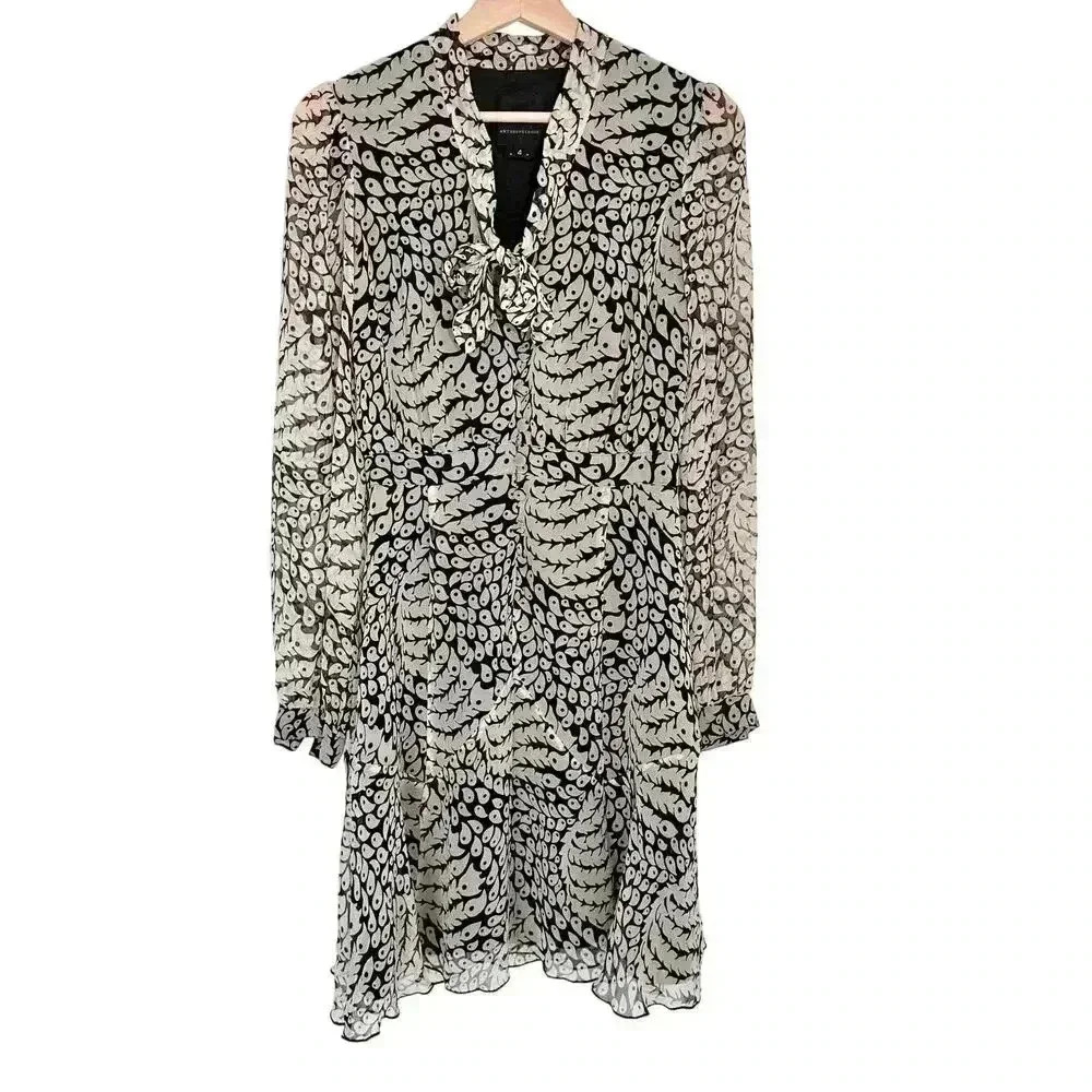 Ana Sui x Anthropologie Silk Long Sleeve Bow Dress Sheerβ | Cream Black | SZ 4